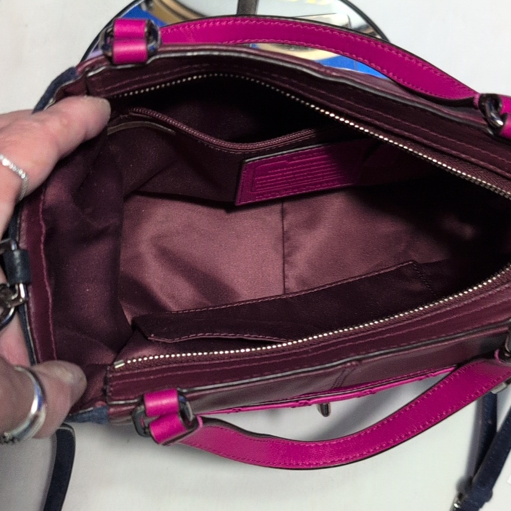 Coach Park Mini Quilted Colorblock In Navy Suede, Wine/ Pink Leather Purse - Picture 15 of 17